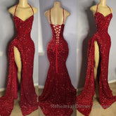 Red Sequins Semi Formal Prom Dresses High Slit Halter Sleeveless Sparkly Long Party Evening Dresses for Black Girls